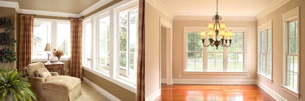 Two side-by-side images of picture windows in a home.
