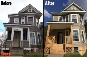 Before and after of a broken-down older home that had a complete facelift, new siding, porch, and windows