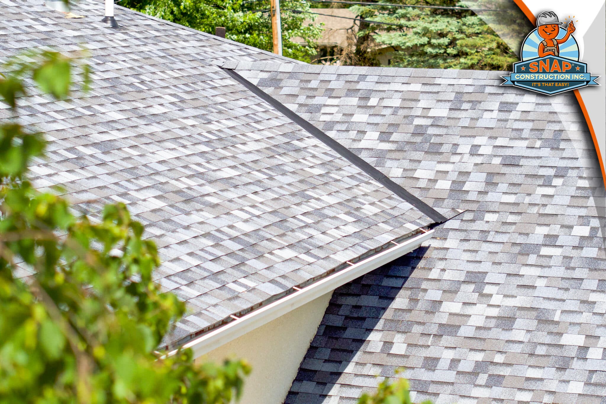 Roofing and Siding Contractor Bloomington MN Snap Construction showcasing new asphalt shingle roof with valley flashing and gutters