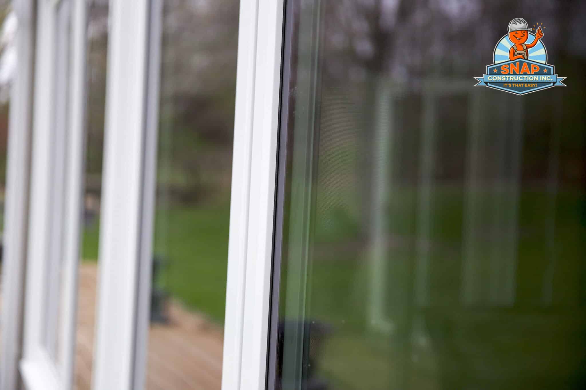 Close-up of white-framed Andersen windows installed by Snap Construction, reflecting a green yard at a home in Bloomington MN